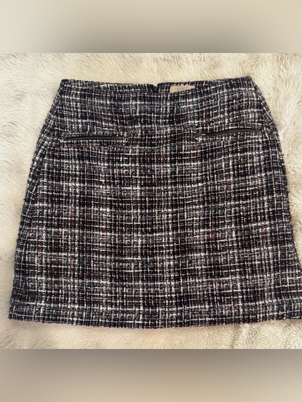 LOFT Black, White & Burgundy Tweed Mini Skirt